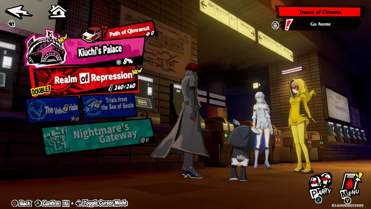 Mementos exploration is afoot in Persona 5: The Phantom X. The main party stand in a shadowy subway station, planning their next foray.