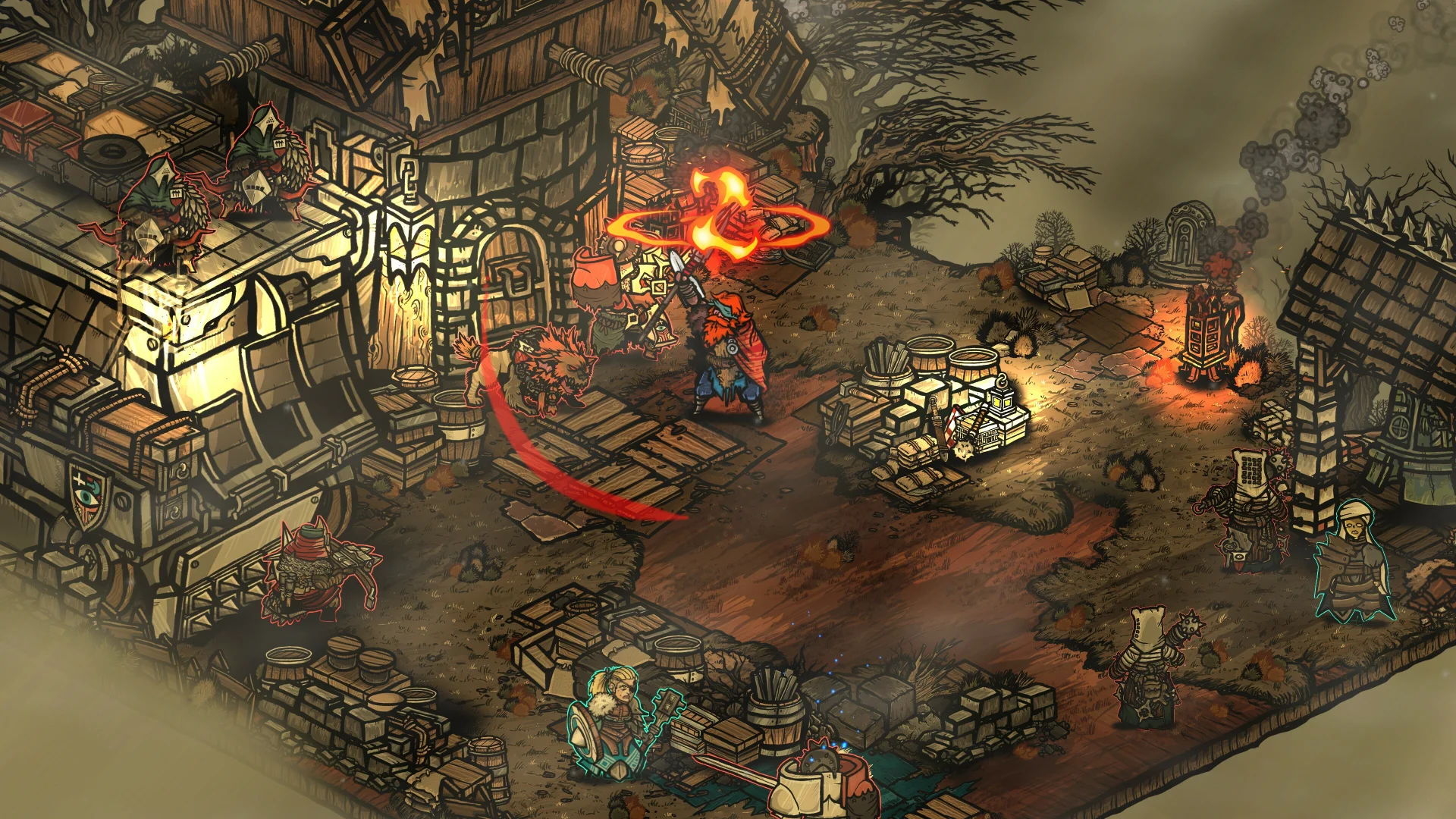 Prelude Dark Pain screenshot - A battle taking place in a village; a red-bearded character attacks a dog-like monster with a fiery spear.