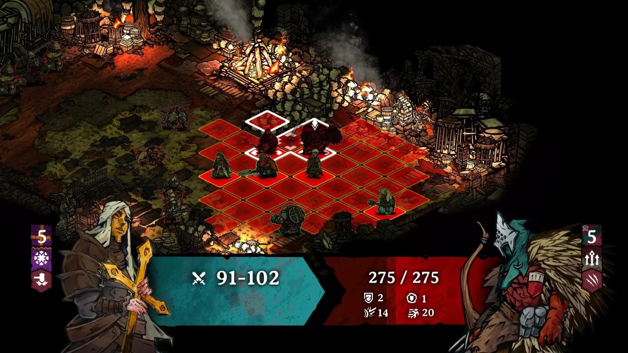 Prelude Dark Pain screenshot featuring a dark battle scene. The grid is lit up in red, showing the range of an attack.