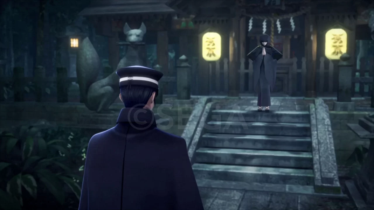 Raidou approaches a mysterious figure in black near a temple in Raidou Remastered