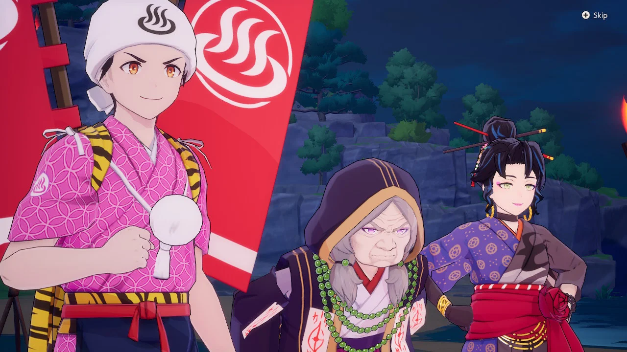 A Rune Factory: Guardians of Azuma screenshot of the hot springs owner, the fortune-teller, and the traveling merchant.