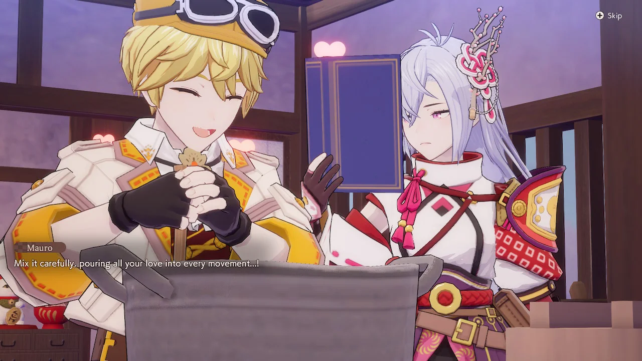 A Rune Factory: Guardians of Azuma screenshot of the character Mauro gleefully stirring something in a pot while the female protagonist reads a recipe book, unamused.