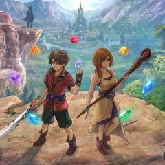 Shrine's Legacy Artwork of the two protagonists surrounded by swirling gems on a peak overlooking a valley with a castle