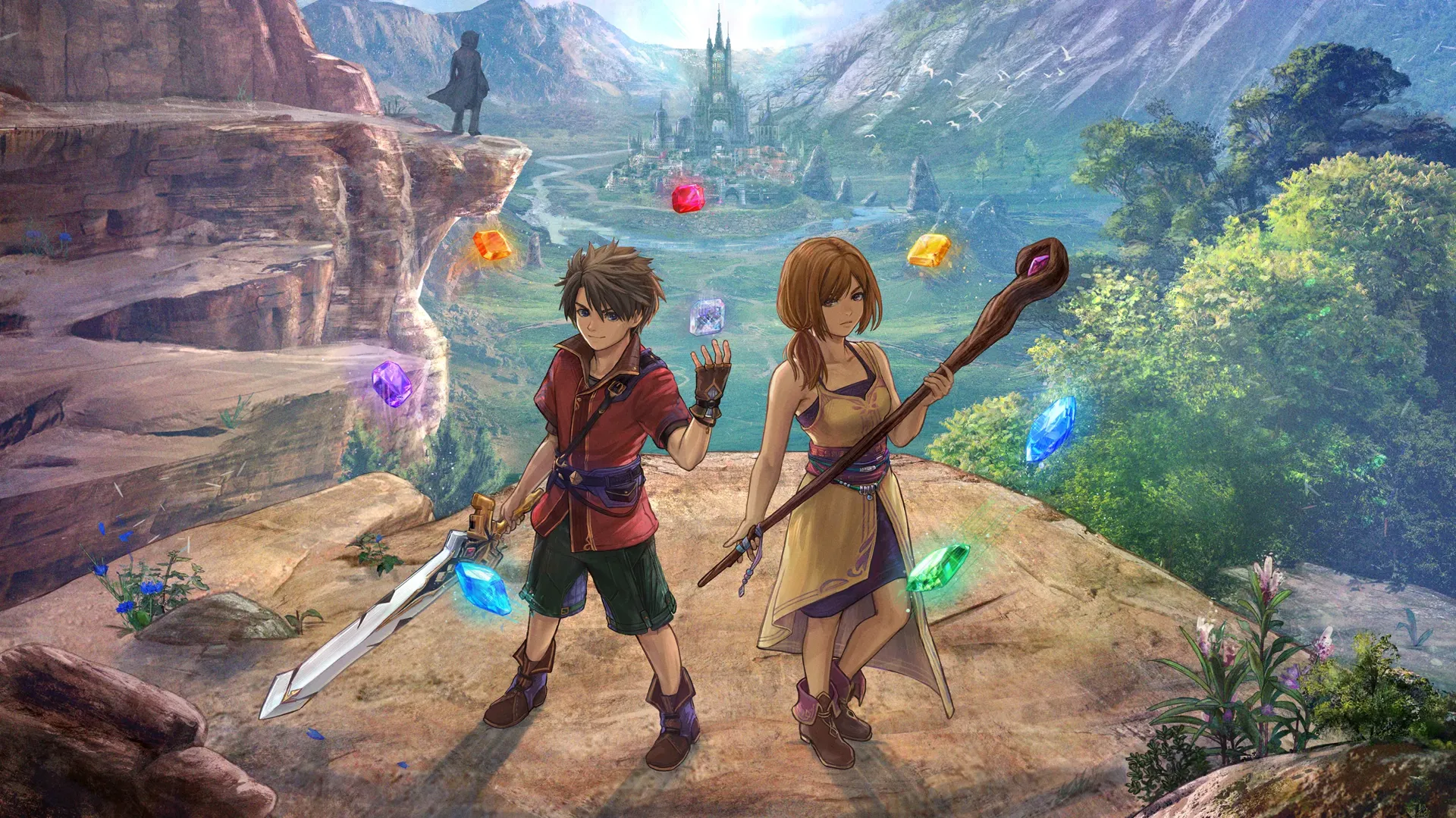 Artwork of Shrine's Legacy showing the two leads surrounded by swirling gems on a peak overlooking a valley with a castle