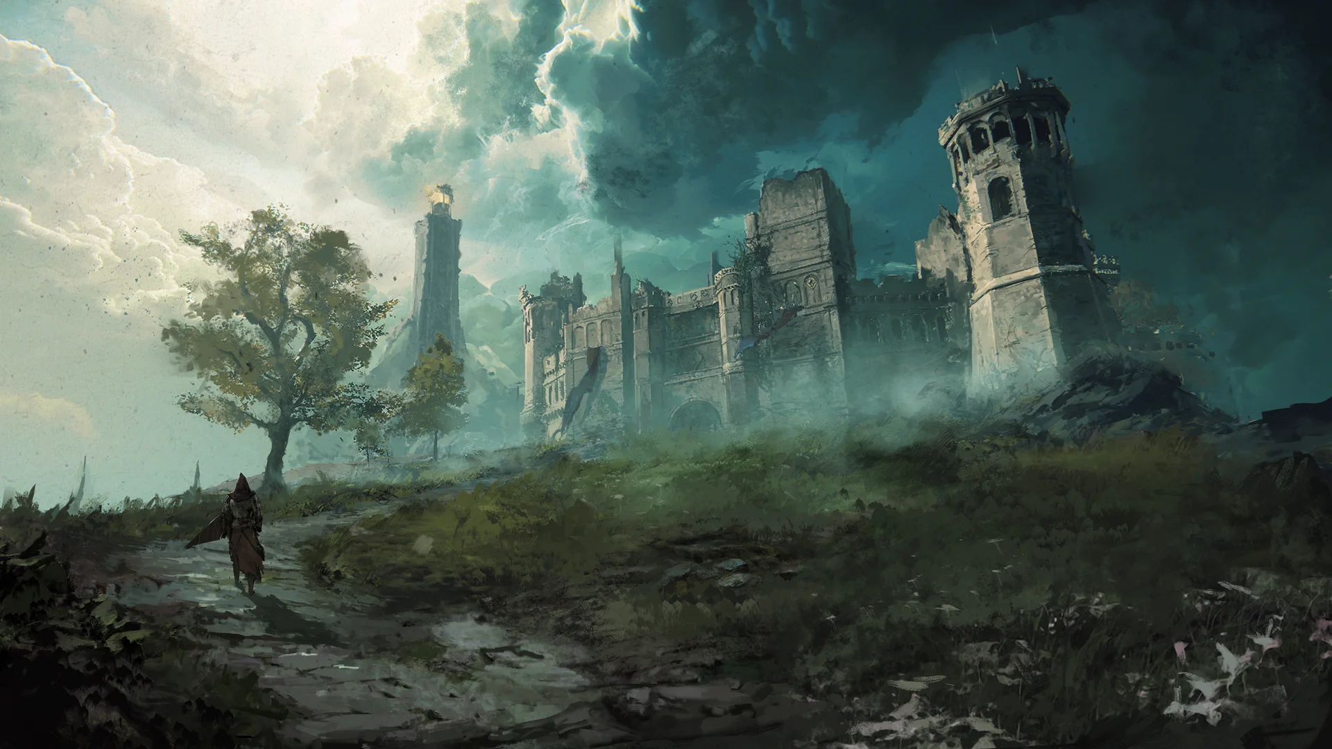 Tainted Grail The Fall of Avalon Artwork of a medieval castle on a hill shrouded in mist under dark clouds