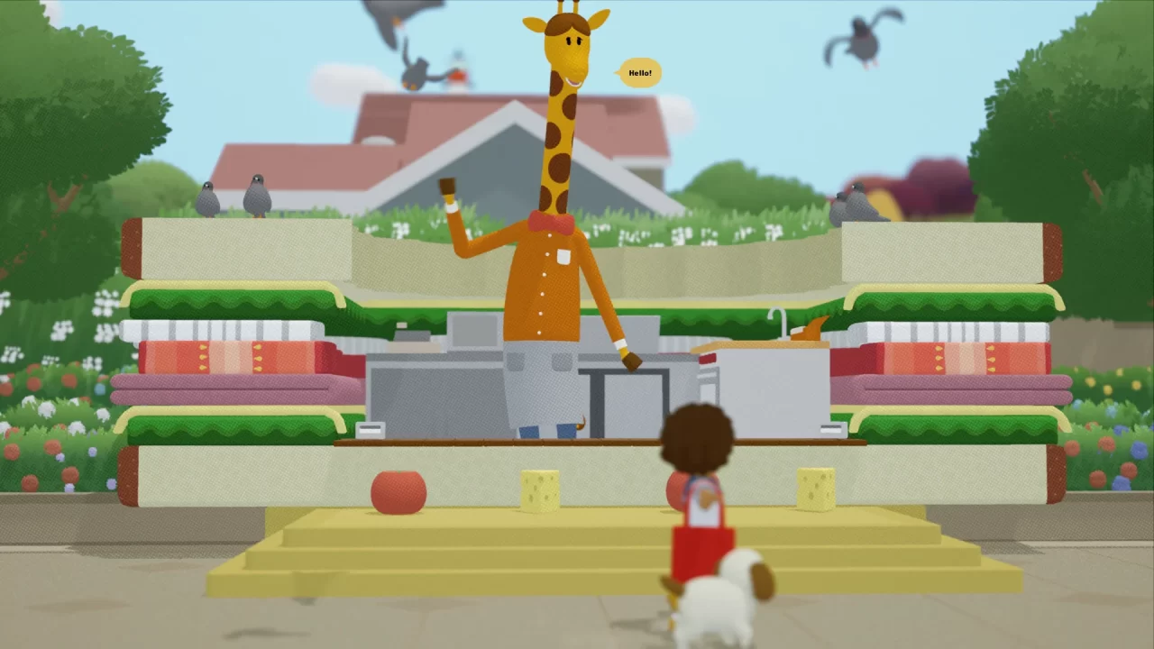 screenshot from to a T showing protagonist Teen with their dog, greeting Giraffe, one of the side characters.