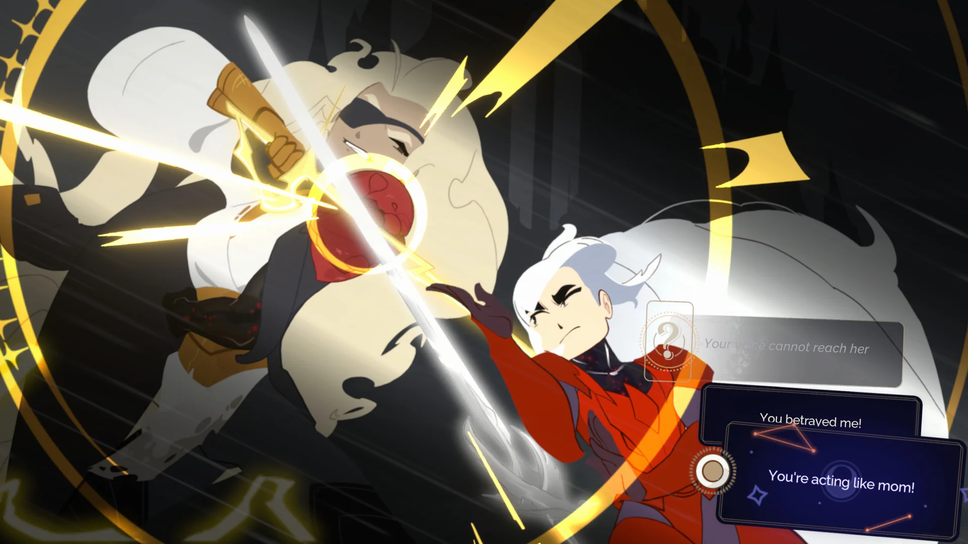 A screenshot of At Fate's End depicting a violent clash between two characters, sparks emanating from where the swords meet. Three dialogue prompts are at the bottom of the screen