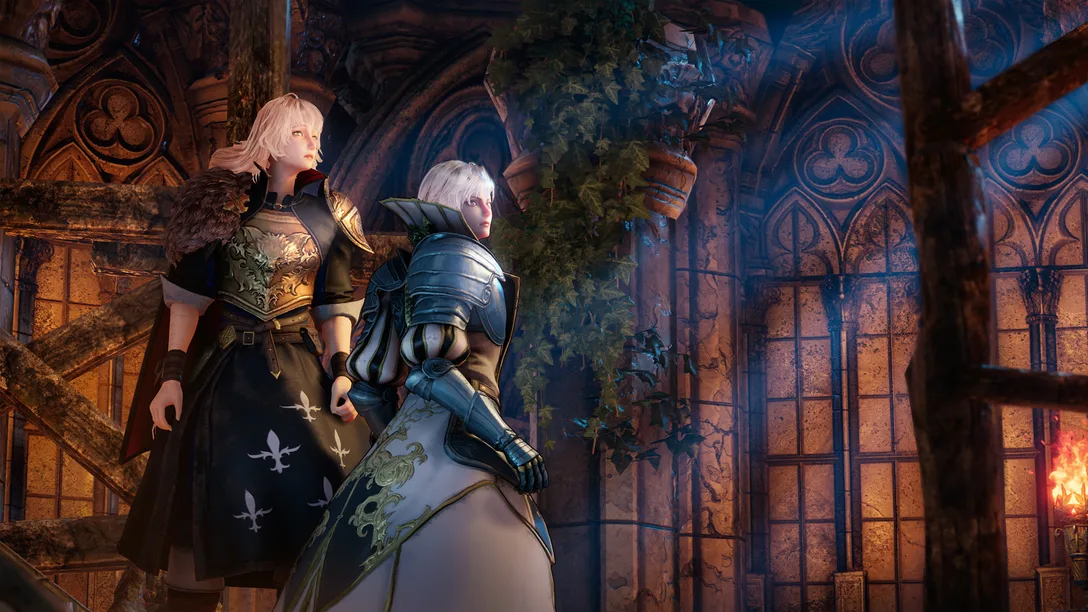 Screenshot of Bloodstained: The Scarlet Engagement depicting protagonists Leonard and Alexander dappled in moonlight