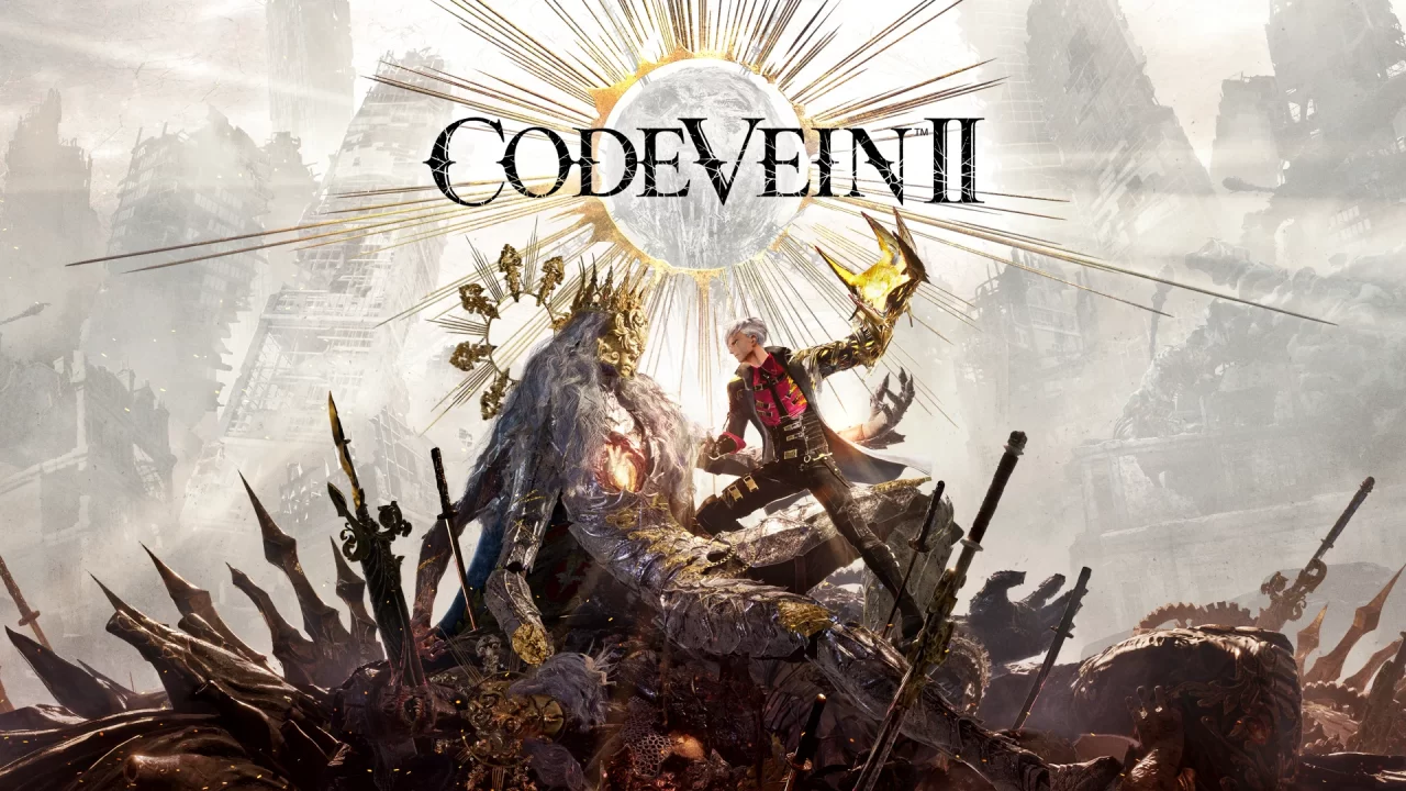 Code Vein II artwork of a man with a huge claw hand attacking a giant humanoid figure clad in armor, in a field of weapons