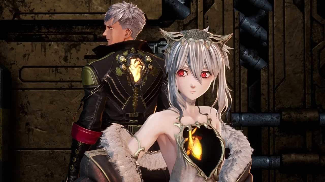 Code Vein II's protagonist and Lou back to back, with clear views of their glowing hearts in her chest and his back
