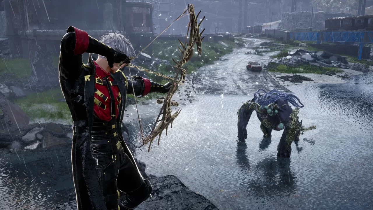 The protagonist aiming an ornate bow from the air at an enemy below