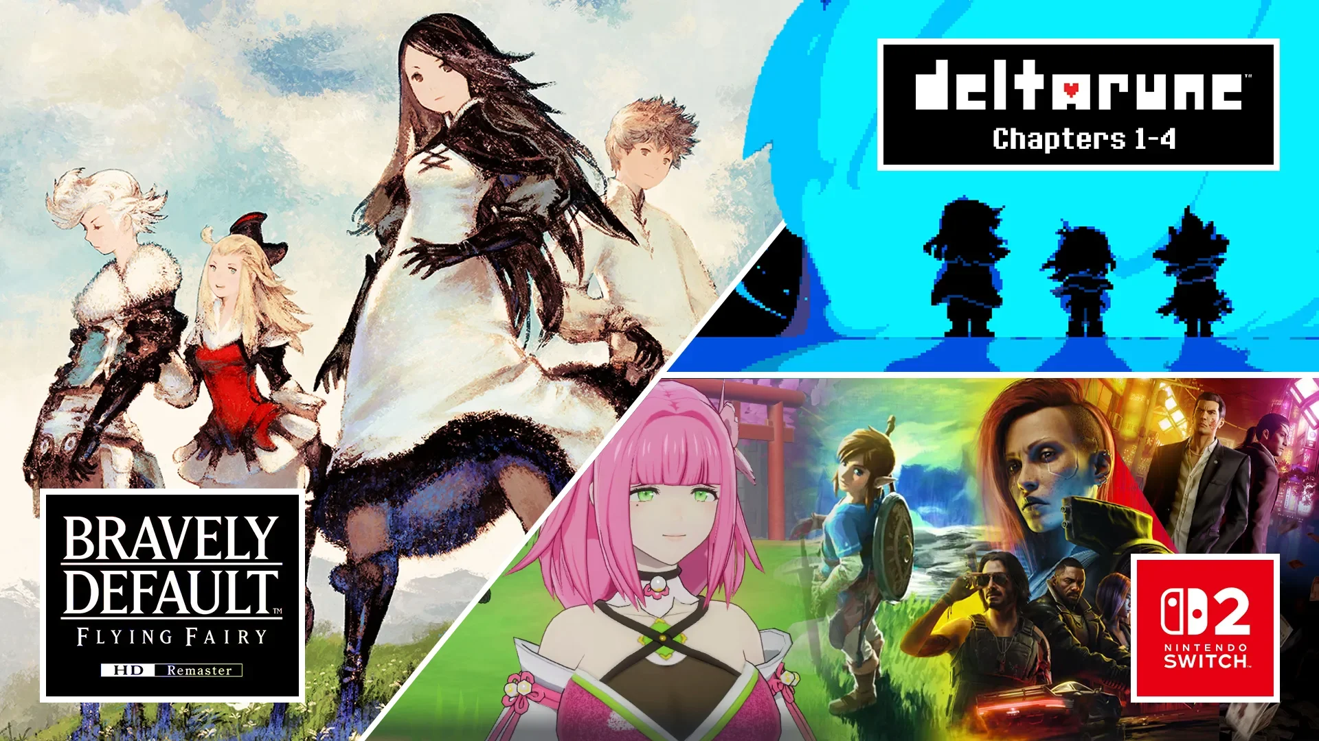 RPGs Coming This Week with art from Bravely Default, Deltarune, Rune Factory, Zelda, Cyberpunk 2077, Yakuza 0