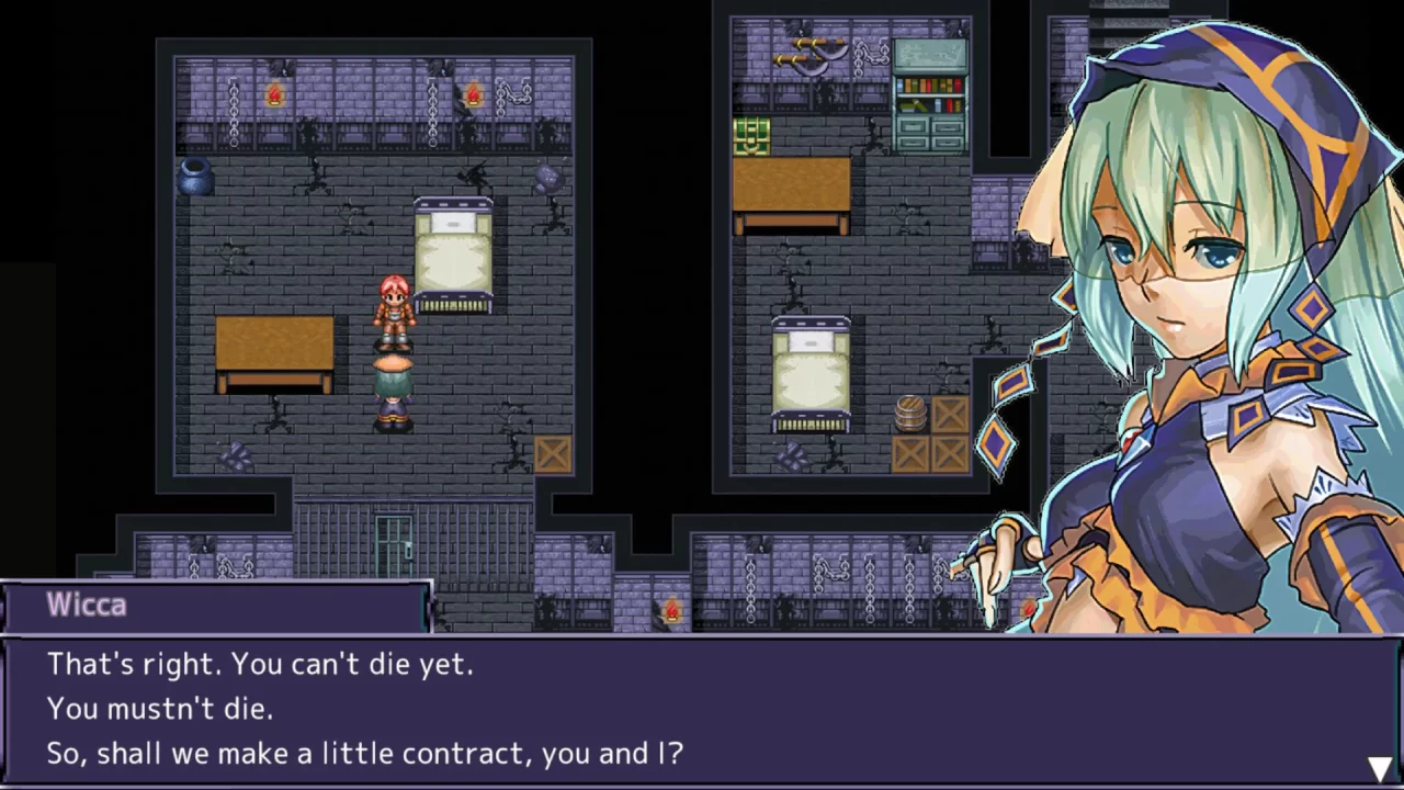 Meeting Wicca in Covenant of Solitude. She's informing the protagonist (in a cell) that he can't die yet.