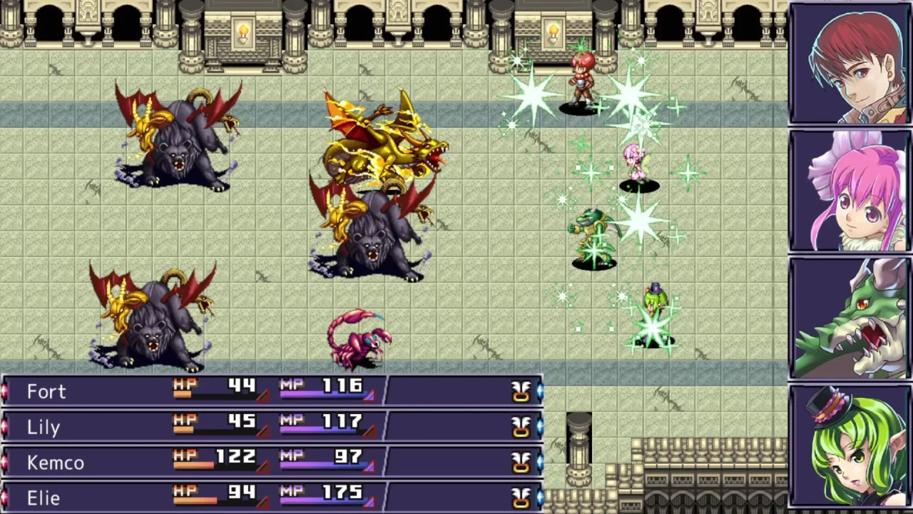 A battle in Covenant of Solitude with the party casting a sparkling healing effect.