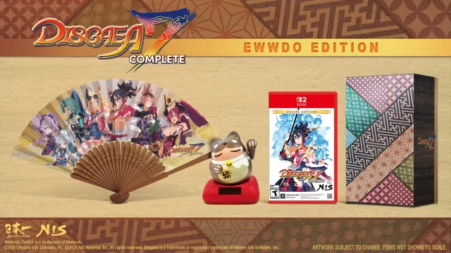 Disgaea 7 Complete Ewwdo Edition comes with a lucky slumber cat figurine, a folding fan, and a collector's box.