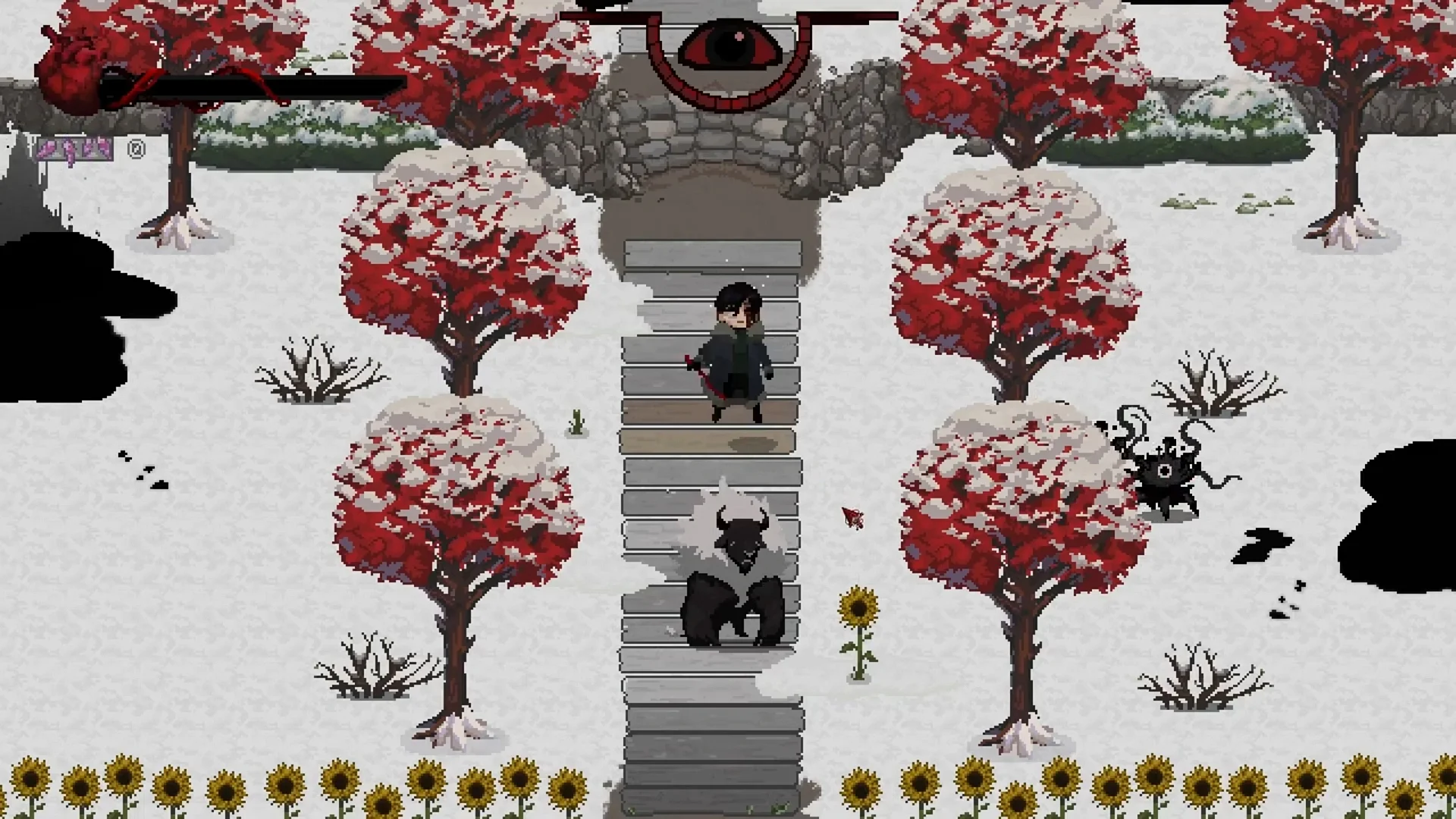 DOWNHILL screenshot - The heroine fights a large bull and a tentacled monster in a snowy courtyard.
