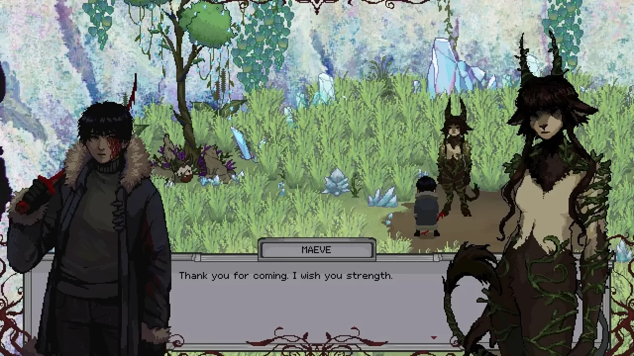 DOWNHILL screenshot of the heroine talking to a faun-like being in a grassy area with crystals growing from the ground. Their portraits are shown beside a text box.