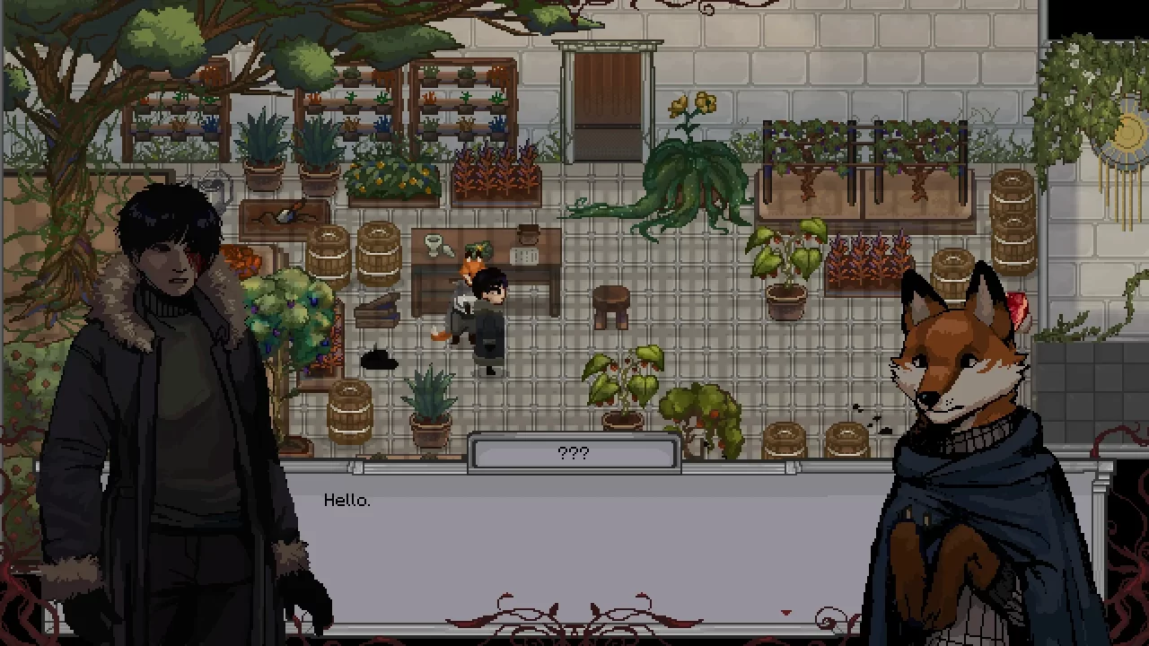 DOWNHILL screenshot - The heroine meets a fox spirit wearing a dark blue cloak in a room full of plants.