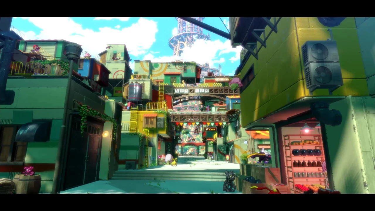 A multi-layered and very colorful industrial city in Digimon Story Time Stranger