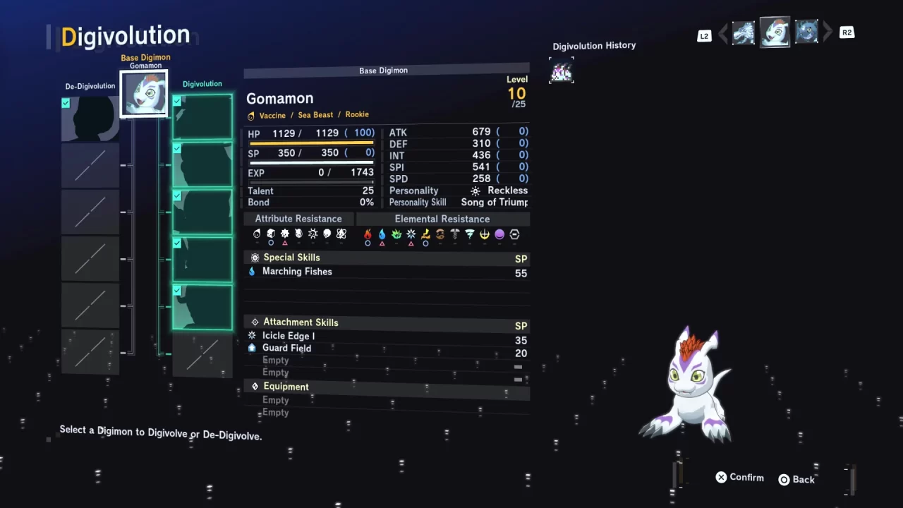 Digivolution screen for Gomamon in Digimon Story Time Stranger
