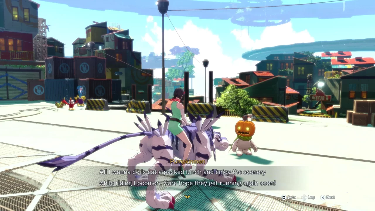 Pumpkinmon telling the player they just want to eat a packed lunch while riding Locomon.