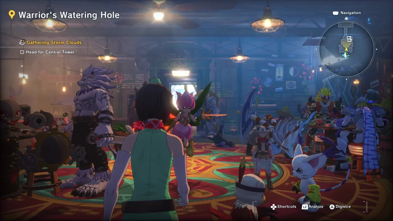 Walking through the Warrior's Watering Hole filled with people and Digimon
