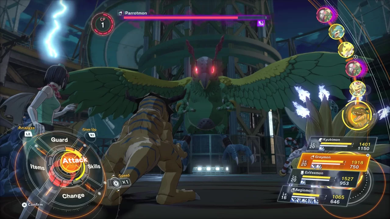 Battling a huge Parrotmon in Digimon Story Time Stranger