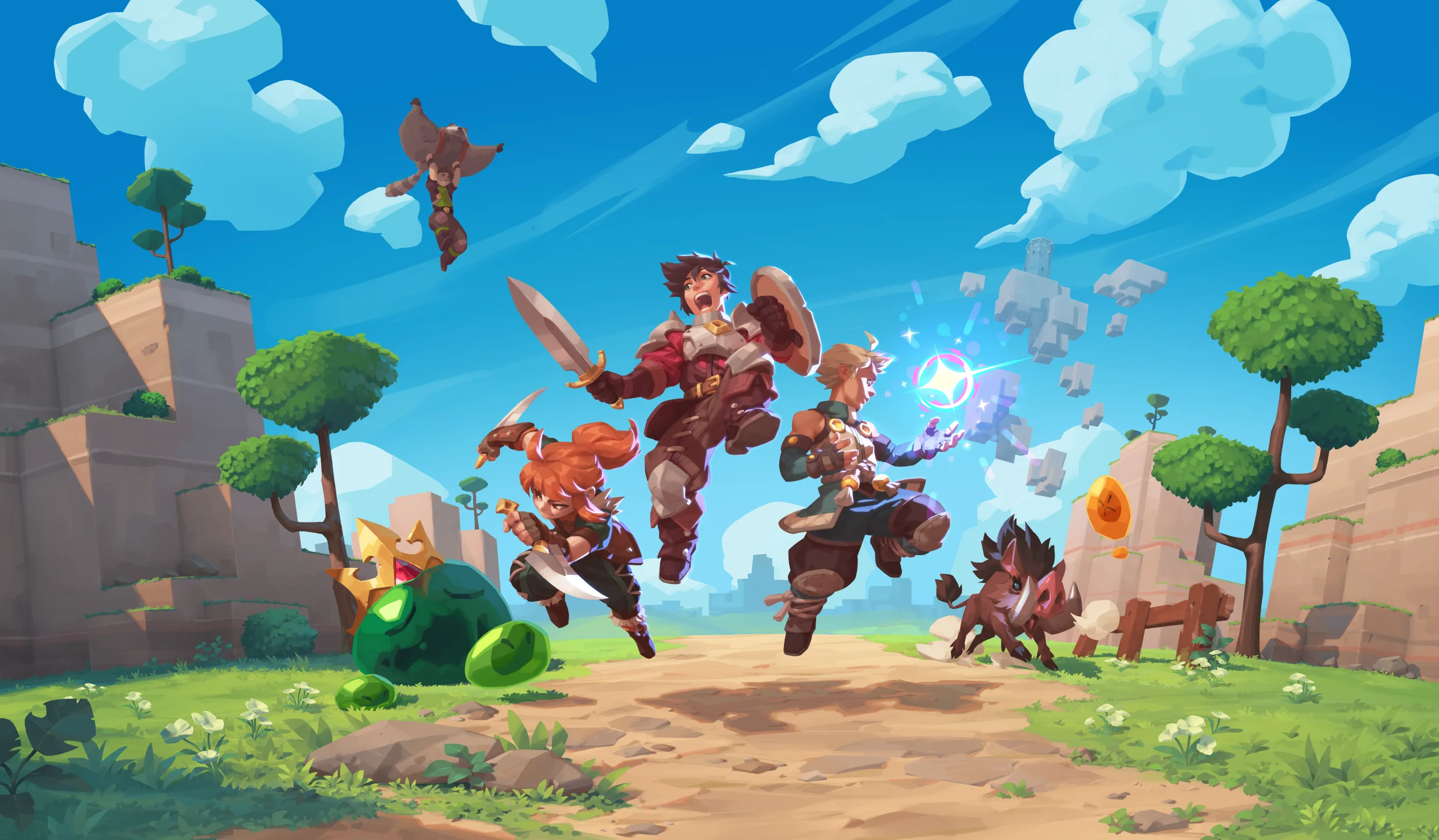 Farever Artwork – Three characters in the center of the image, with monsters on either side.