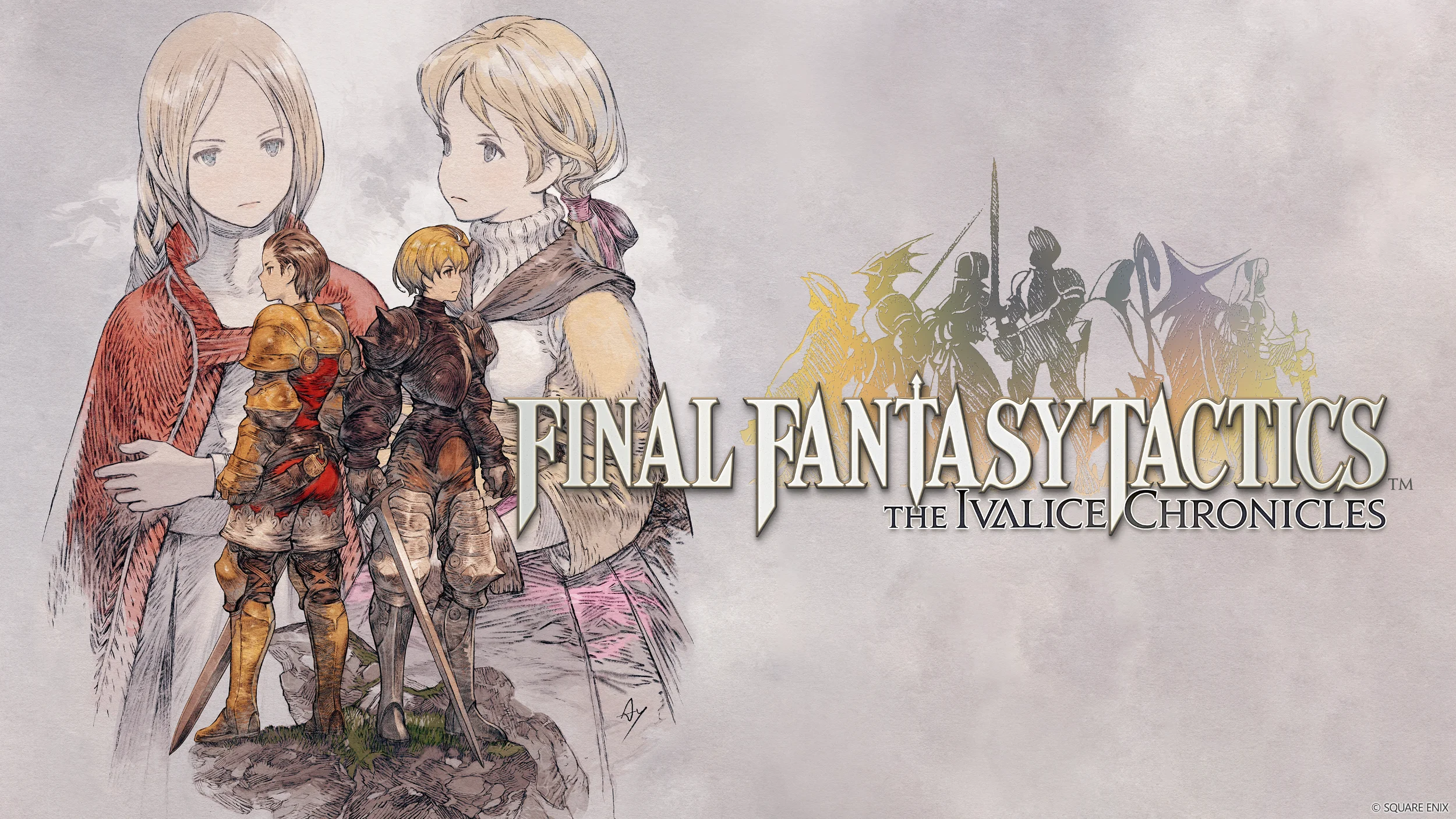 Final Fantasy Tactics: The Ivalice Chronicles Logo and art of Ramza, Delita, Alma, and Ovelia