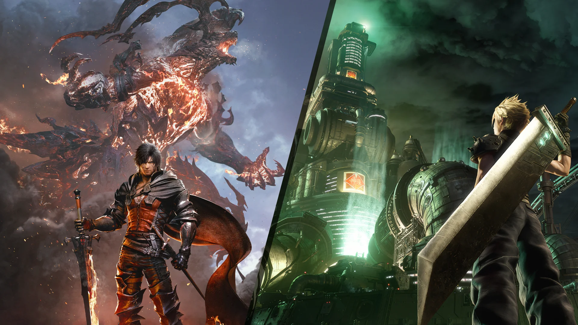 Artwork of Final Fantasy XVI's Clive and Ifrit and FFVII Remake's Cloud