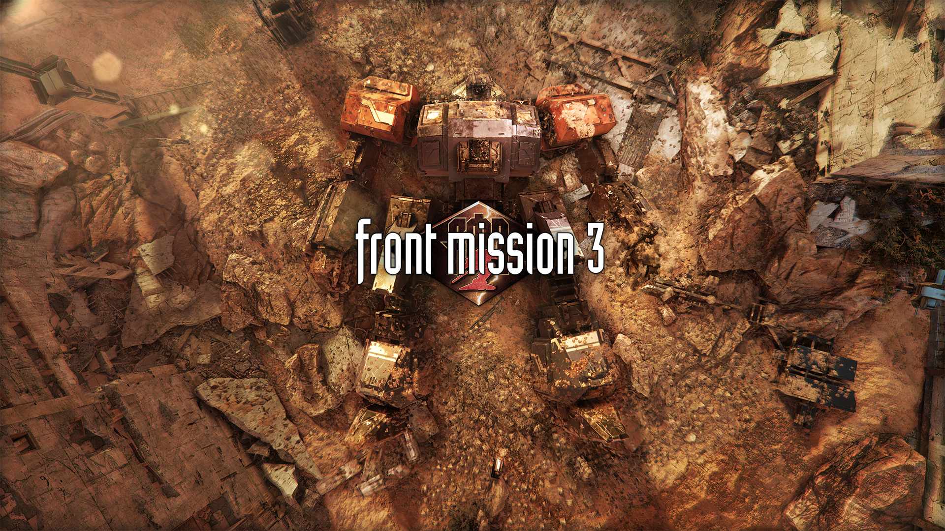 A wanzer, a giant robot, showing alongside the title of Front Mission 3: Remake.