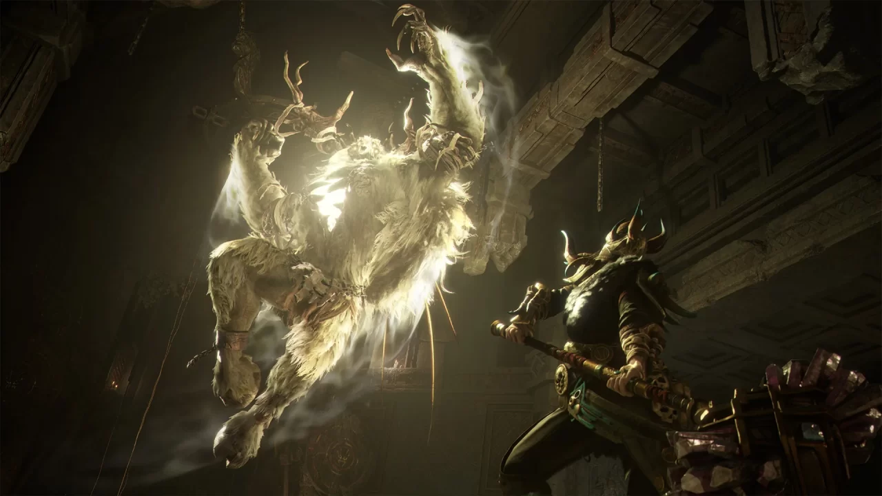 Mistfall Hunter screenshot of a horned and fur-clad glowing humanoid figure leaping at an armored figure.