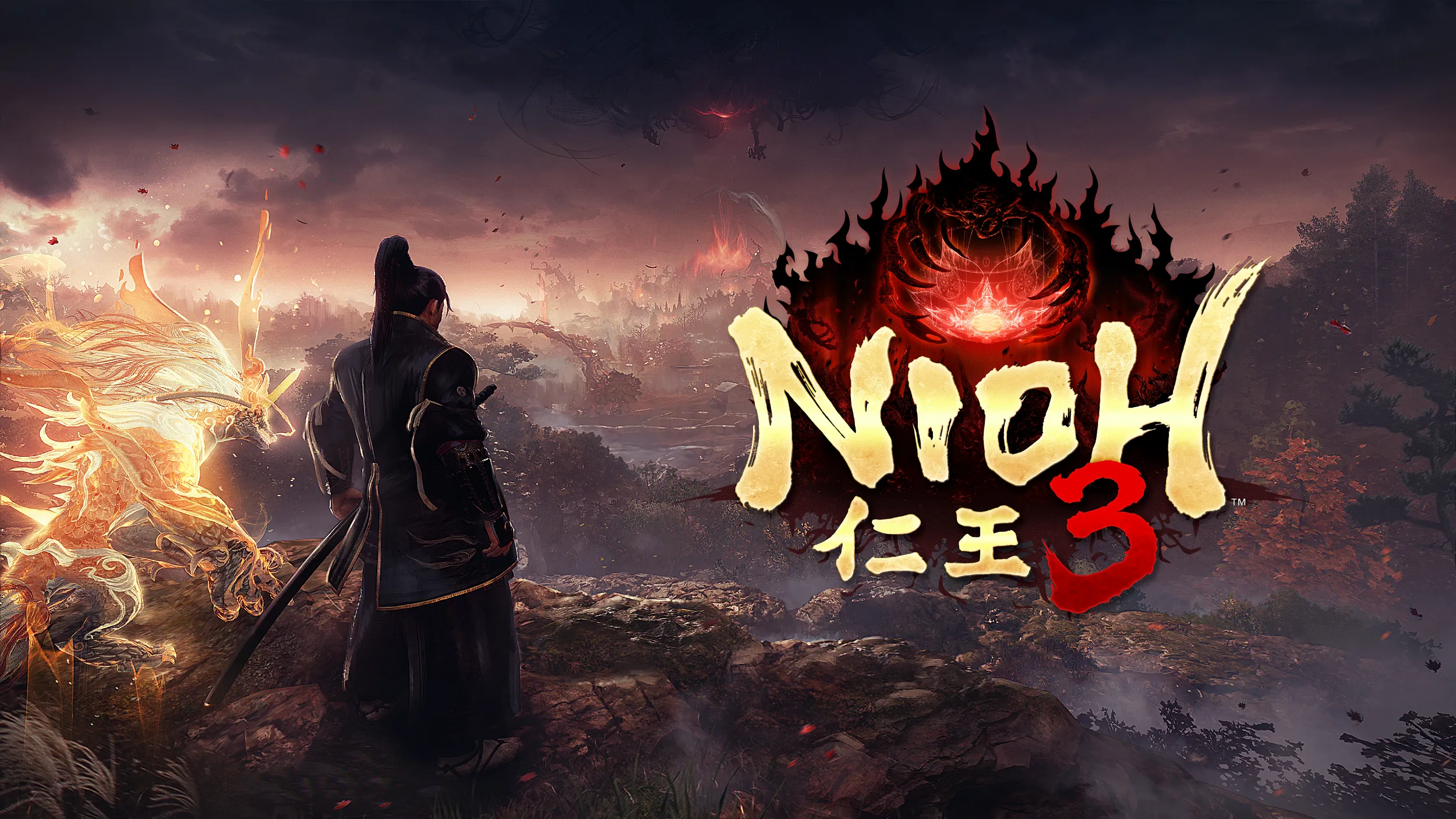 Nioh 3 Artwork of a man and glowing beastly companion looking across a vast forest as shadowy things descent from the sky