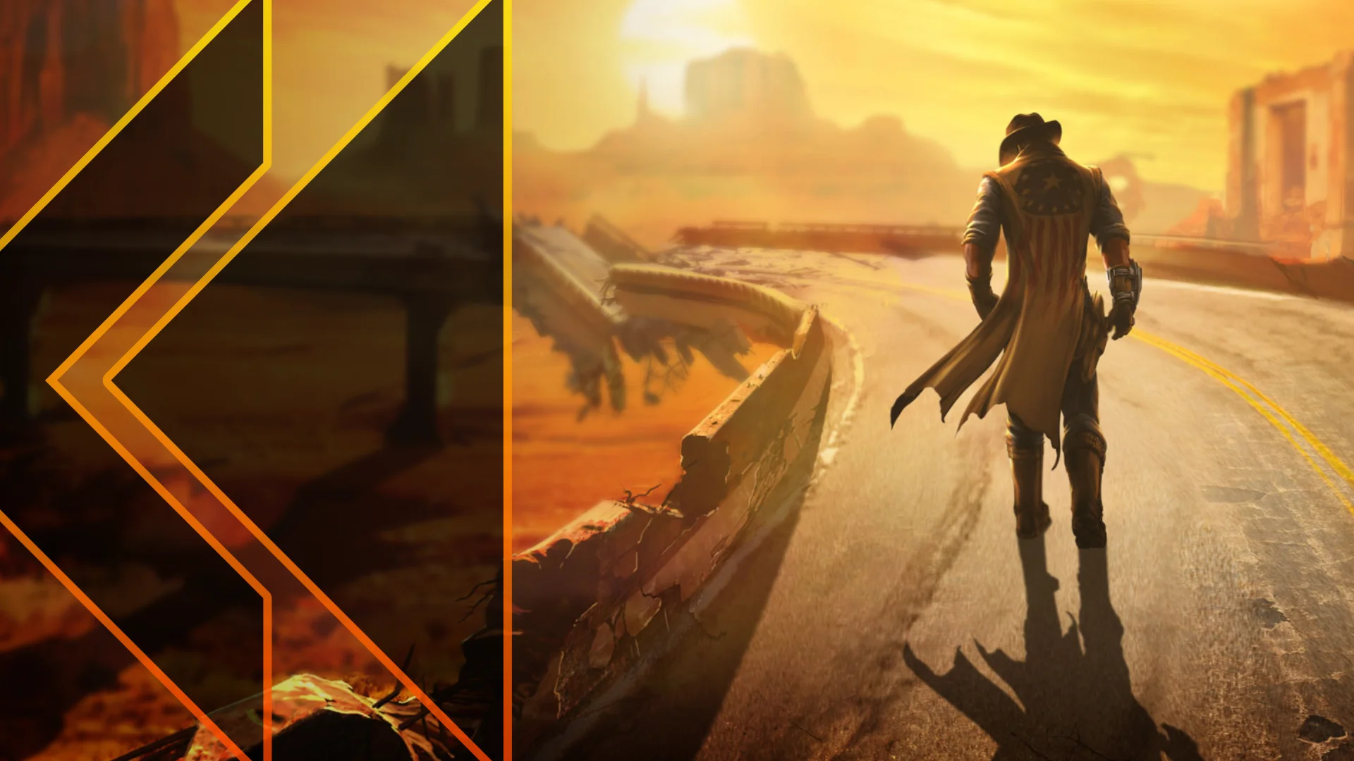 Retro Encounter 461 Fallout New Vegas art of a lonely figure in a billowing trench coat walking down a crumbling highway