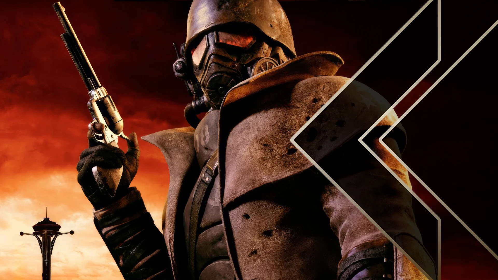 Retro Encounter 463 Fallout New Vegas art of a person in a hazmat duster and gas mask with a pistol in a dark Las Vegas