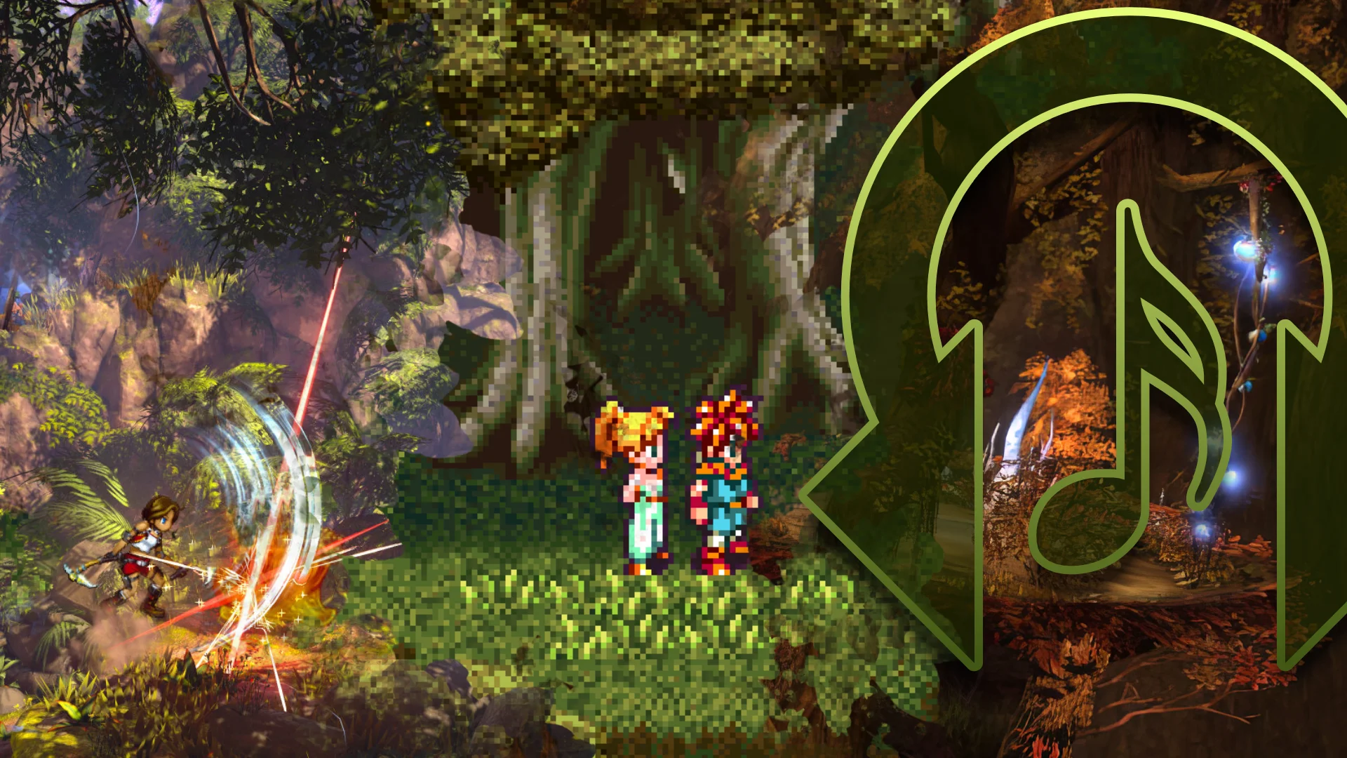 Rhythm Encounter 160 forest scenery from Chrono Trigger, Eiyuden Chronicle Rising, and Final Fantasy XIII-2