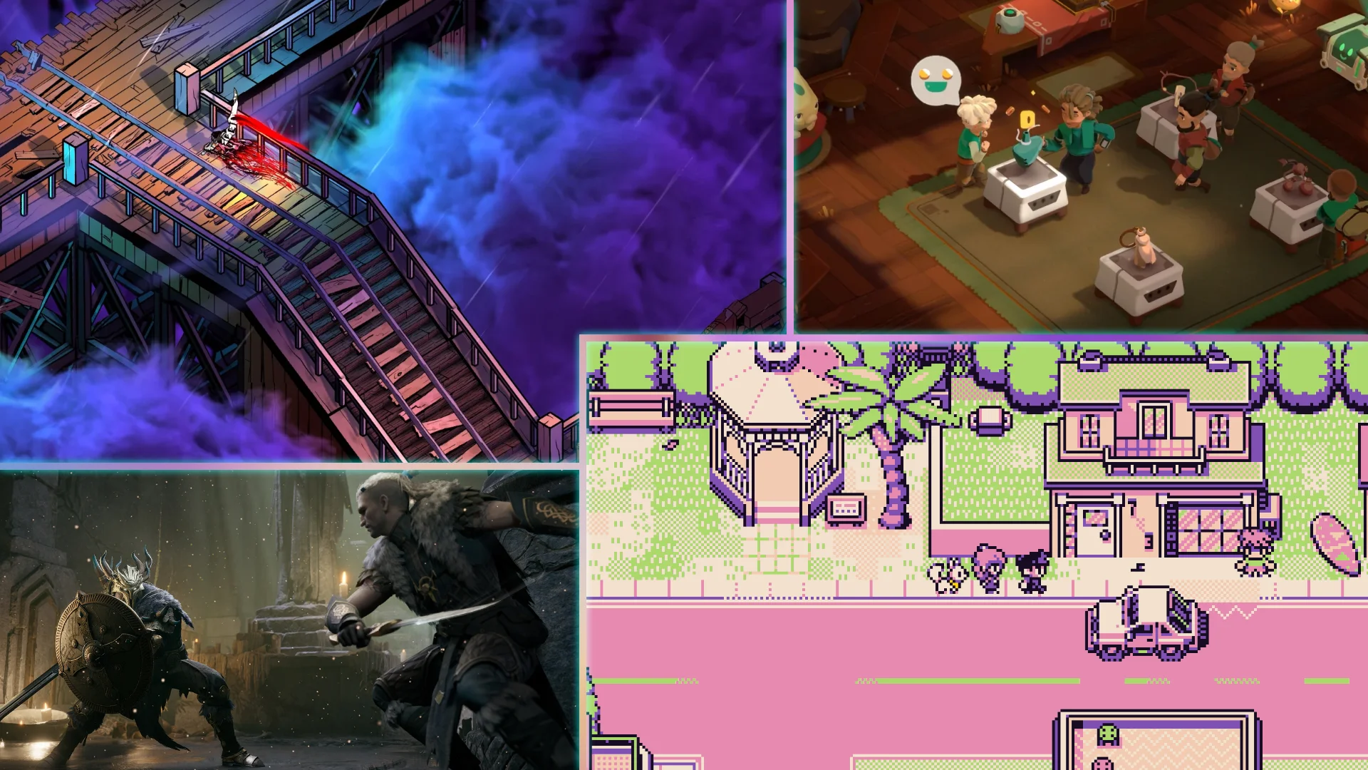 Summer Game Fest 2025 Round Up screens of Petal Runner, Blighted, Moonlighter 2, Mistfall Hunter