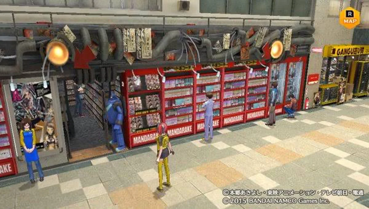 Screenshot of the Mandarake manga shop storefront in Nakano Broadway as seen in Digimon Story: Cyber Sleuth.