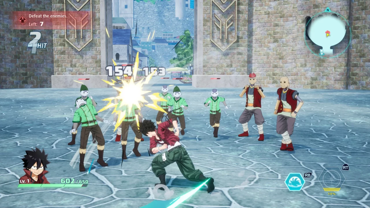 Shiki fights through a mob of robot enemies in uniform attire.