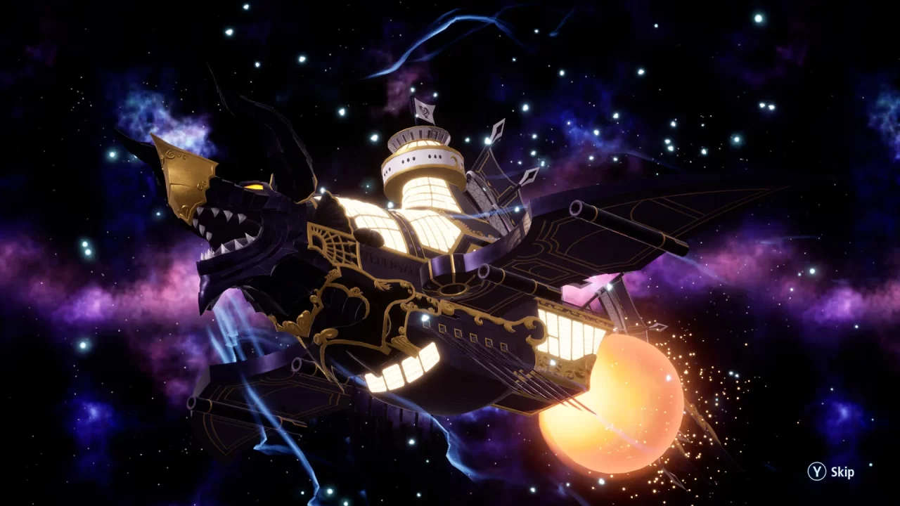 The battleship Edens Zero flying through space, its dark exterior against a dark background dotted with distant stars.