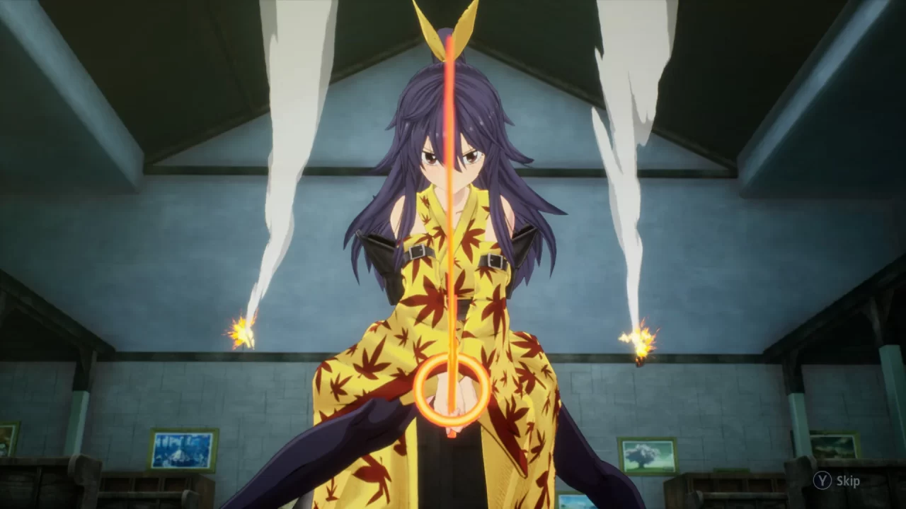 Homura in a defensive stance, blade in front of her.
