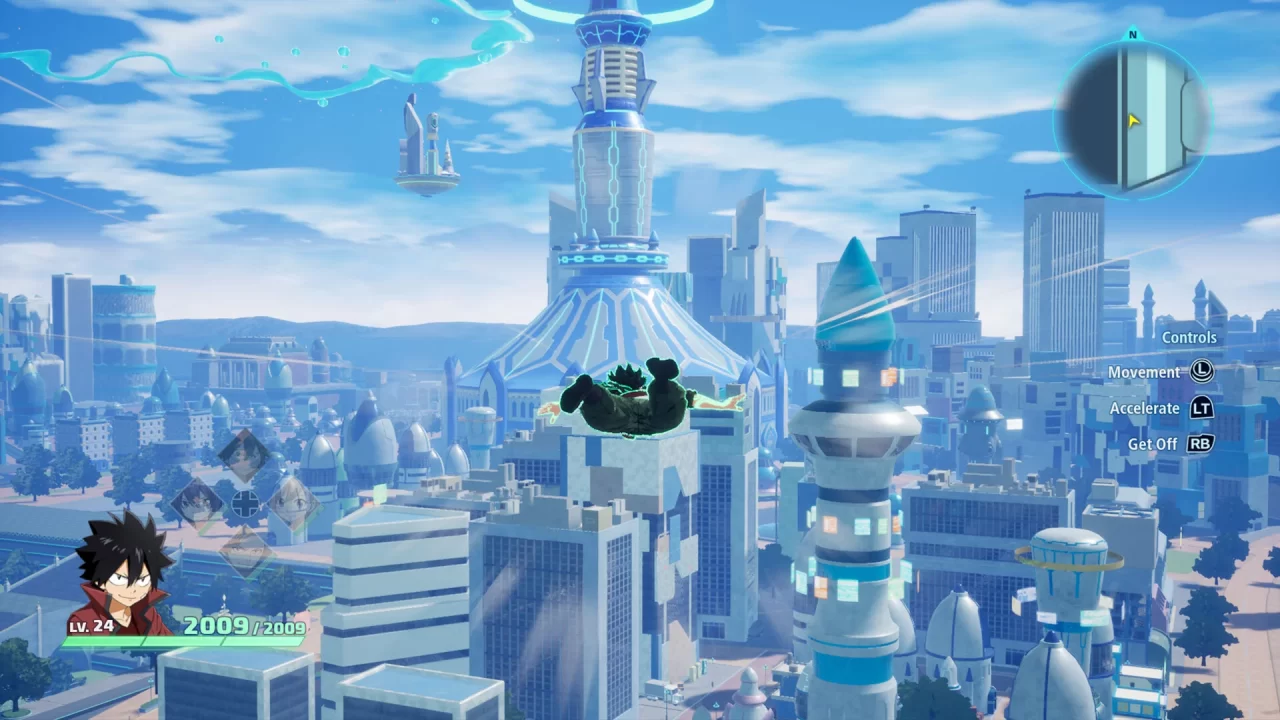 Protagonist Shiki flies over a city, appearing to head toward a tall hub building.