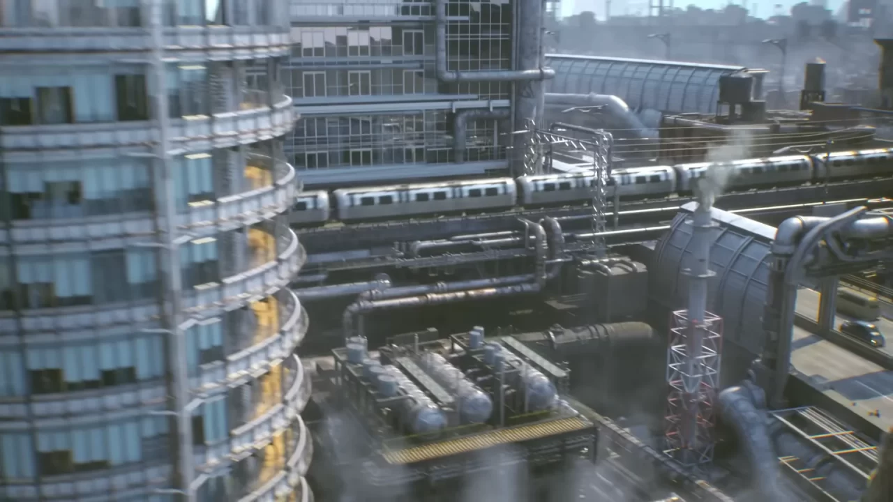 Screenshot from the announcement trailer of Final Fantasy VII Remake. A futuristic, mechanized city has a train run through it.