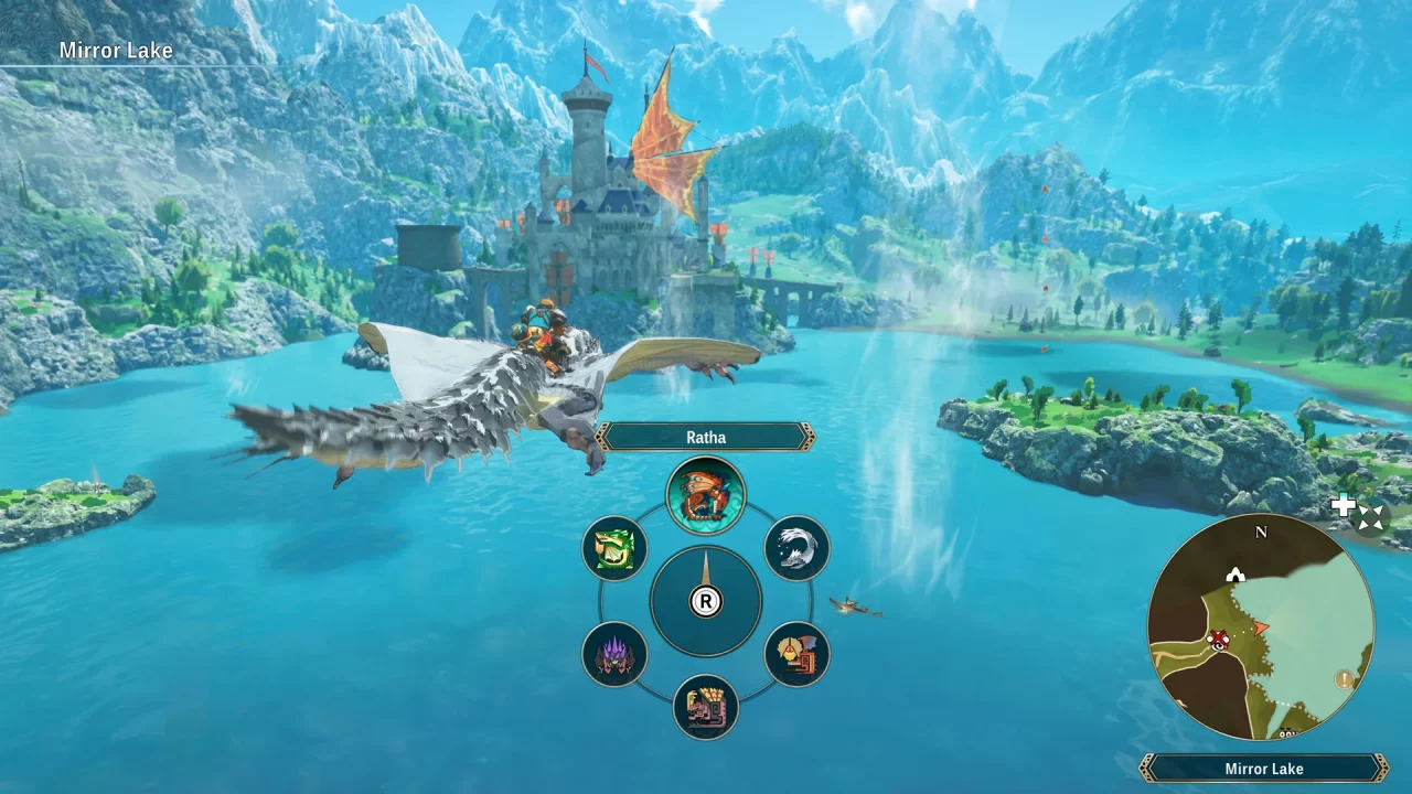 A rider hangs on the back of a Tobi-Kadachi monster gliding over a blue lake in Monster Hunter Stories 3. 