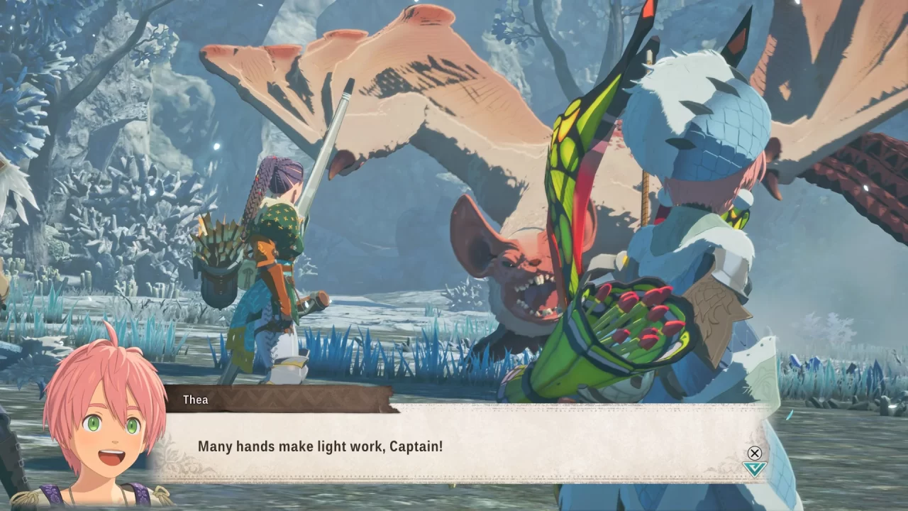 Thea and the main character prepare to battle a monster in Monster Hunter Stories 3: Twisted Reflection.