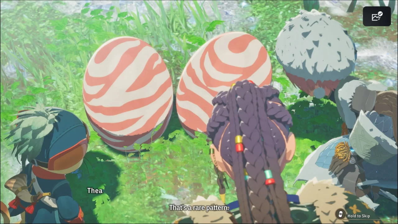 Rudy, Thea, and the MC gather around some monster eggs in Monster Hunter Stories 3: Twisted Reflection.