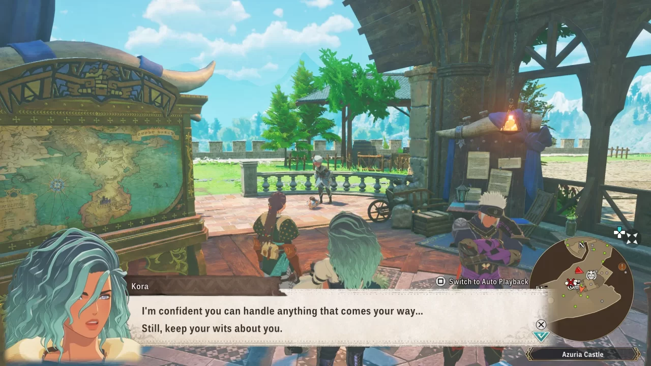 The Rangers conversing in their homebase in Azuria in Monster Hunter Stories 3: Twisted Reflection.