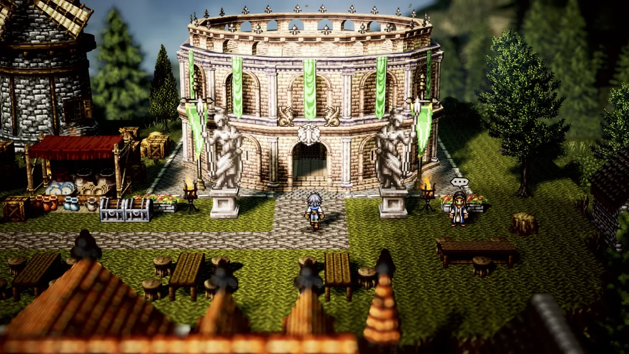 A character enters a fancy colosseum in Octopath Traveler 0.