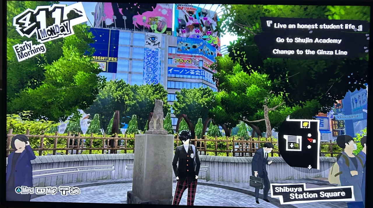 Screenshot of HachikĆ's statue in Persona 5. Joker poses in front of the statue.
