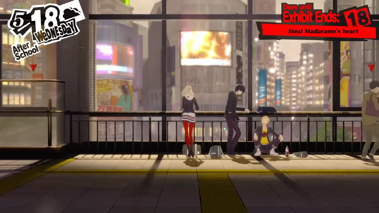 Screenshot of the Phantom Thieves' Shibuya meeting spot from Persona 5 Royal.